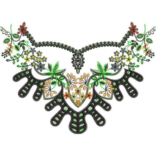 Contemporary Statement Neckline Embroidery Design with Bold Cutwork and Floral Accents