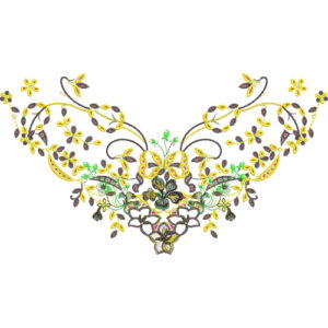 Elegant Floral Vine Curved Neckline Embroidery Design with Symmetrical Botanical Motifs