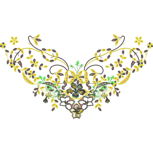 Elegant Floral Vine Curved Neckline Embroidery Design with Symmetrical Botanical Motifs