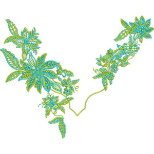 Stylish Asymmetrical Floral V-Neck Embroidery Design with Decorative Leaf and Blossom Motifs
