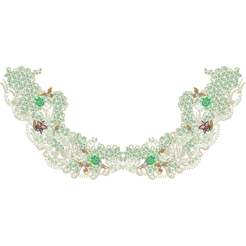 Delicate Nature-Inspired Curved Neckline Embroidery Design with Floral Lace and Butterfly Motifs