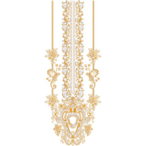 Royal Baroque Inspired Long Panel Neckline Embroidery Design with Ornamental Scrollwork