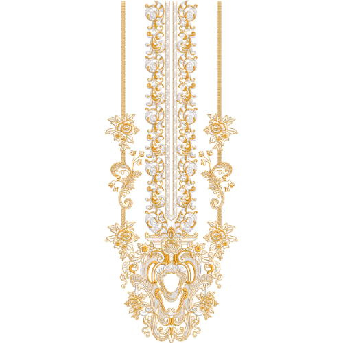 Royal Baroque Inspired Long Panel Neckline Embroidery Design with Ornamental Scrollwork