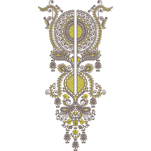 Royal Ornamental Medallion Neckline Embroidery Design with Intricate Scroll and Floral Detailing