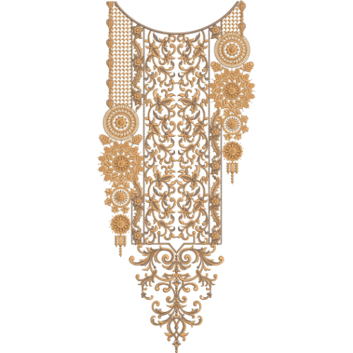 Royal Heavy Panel Neckline Embroidery Design with Floral Rosette and Baroque Scroll Motifs