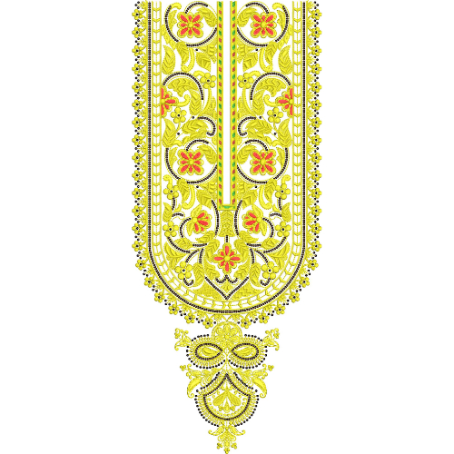 Bright Floral U-Shape Panel Neckline Embroidery Design with Decorative Paisley Drop