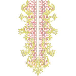 Classic Floral Lattice Panel Neckline Embroidery Design with Ornamental Vine Detailing