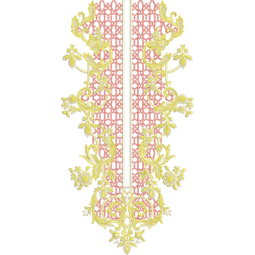 Classic Floral Lattice Panel Neckline Embroidery Design with Ornamental Vine Detailing