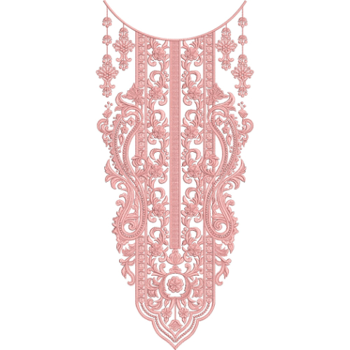 Elegant Baroque Floral Panel Neckline Embroidery Design with Ornamental Paisley Scrolls