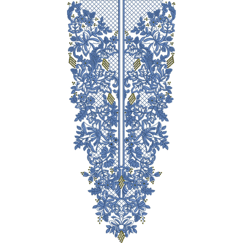 Elegant Floral Lattice Panel Neckline Embroidery Design with Dense Botanical Detailing