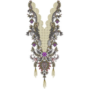 Elegant Scalloped V-Neckline Embroidery Design with Ornamental Floral and Tassel Motifs