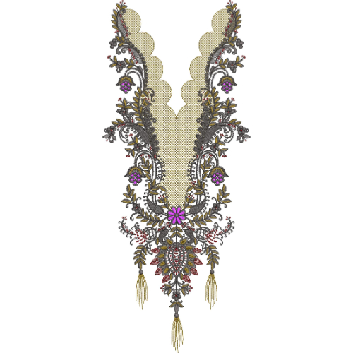 Elegant Scalloped V-Neckline Embroidery Design with Ornamental Floral and Tassel Motifs