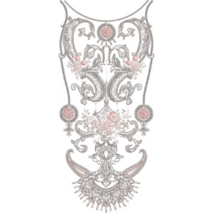 Vintage Baroque Floral Neckline Embroidery Design with Ornamental Scroll and Medallion Details