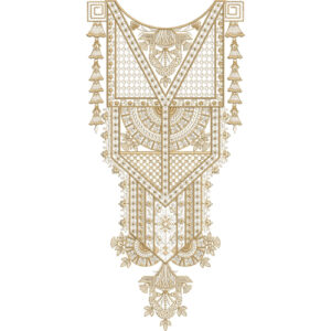 Traditional Geometric V-Panel Neckline Embroidery Design with Ethnic Motifs and Tassel Detailing