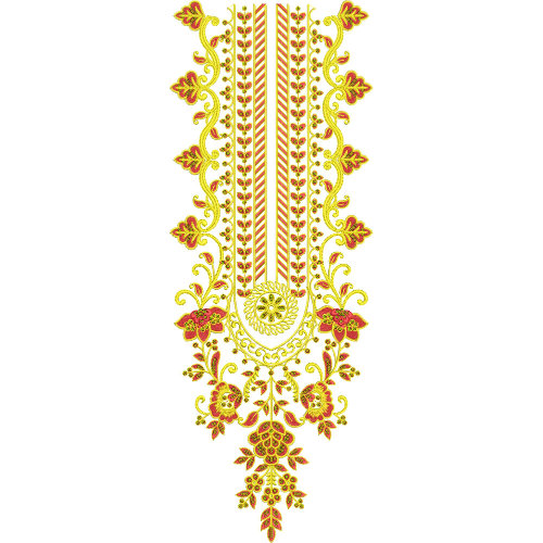 Vibrant Floral Vertical Panel Neckline Embroidery Design with Ornamental Drop Motif