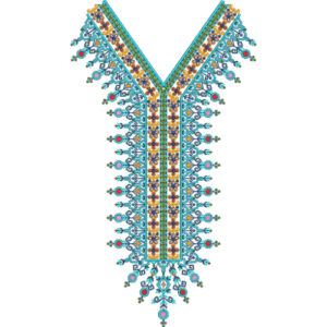 Colorful Geometric V-Neck Panel Embroidery Design with Ethnic Floral Border