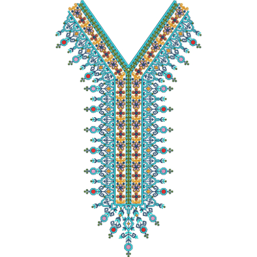 Colorful Geometric V-Neck Panel Embroidery Design with Ethnic Floral Border