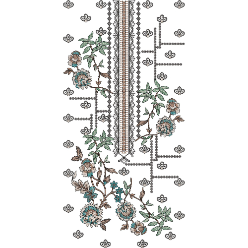 Elegant Asymmetrical Floral Panel Neckline Embroidery Design with Botanical Vine Detailing