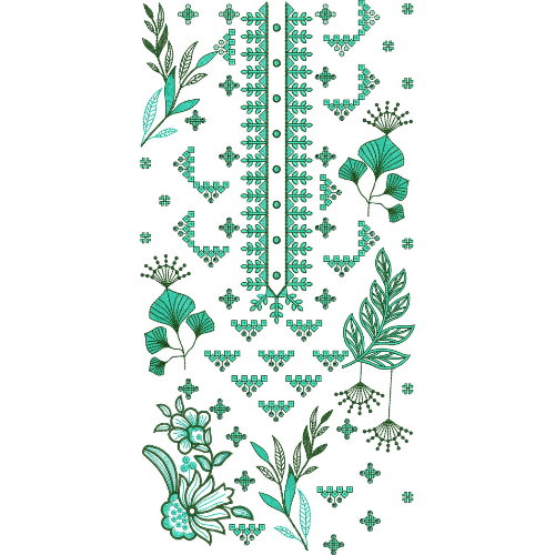 Fresh Botanical Panel Neckline Embroidery Design with Folk Floral and Geometric Motifs