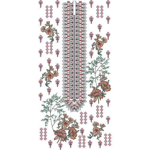 Elegant Floral and Geometric Vertical Panel Neckline Embroidery Design with Ethnic Motifs