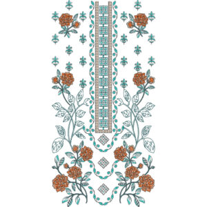 Elegant Floral Panel Neckline Embroidery Design with Geometric Center and Botanical Motifs