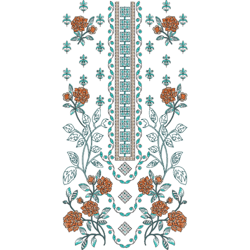 Elegant Floral Panel Neckline Embroidery Design with Geometric Center and Botanical Motifs