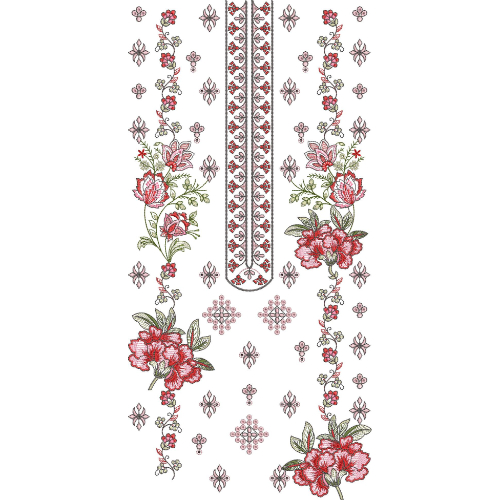 Elegant Red Floral Neckline Embroidery with Symmetrical Vine and Ornamental Panel