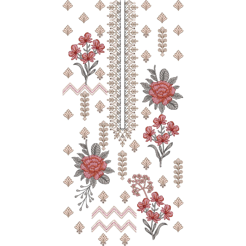 Soft Coral Floral Neckline Embroidery with Geometric Lace Panel and Minimal Motif Detailing