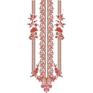 Luxurious Red and Gold Ornamental Neckline Embroidery with Royal Baroque Floral Arrangement