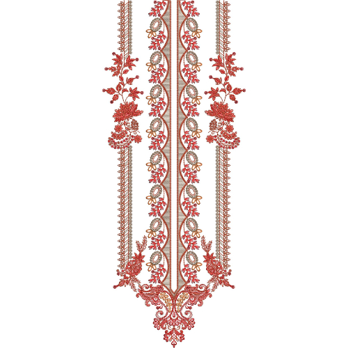 Luxurious Red and Gold Ornamental Neckline Embroidery with Royal Baroque Floral Arrangement