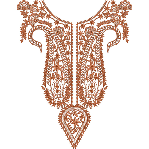 Traditional Kashmiri Paisley Neckline Embroidery with Ornamental Floral and Vine Detailing