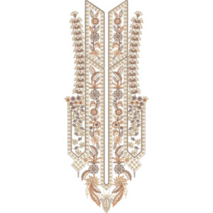 Elegant Beige and Gold Geometric Floral Neckline Embroidery with Layered Panel Structure