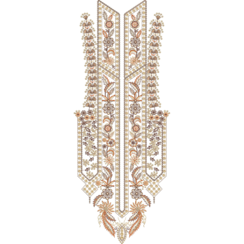 Elegant Beige and Gold Geometric Floral Neckline Embroidery with Layered Panel Structure