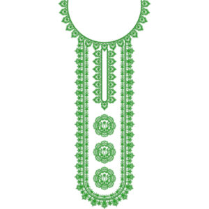 Traditional Green Round Neckline Embroidery with Scalloped Borders and Floral Medallion Panel