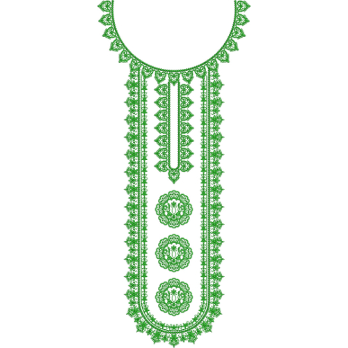 Traditional Green Round Neckline Embroidery with Scalloped Borders and Floral Medallion Panel