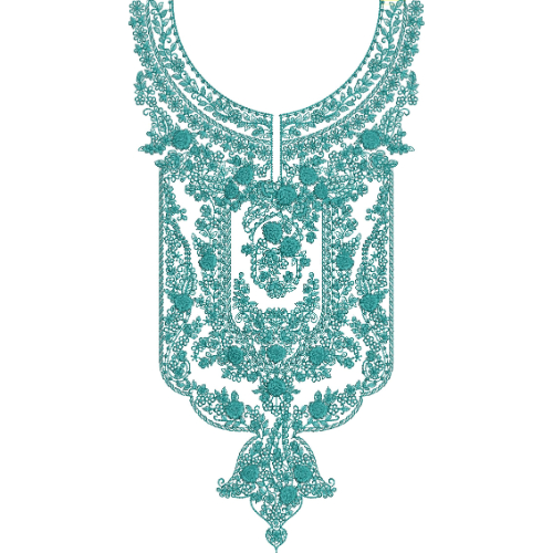 Intricate Teal Baroque Floral Neckline Embroidery with Ornate Heritage Detailing