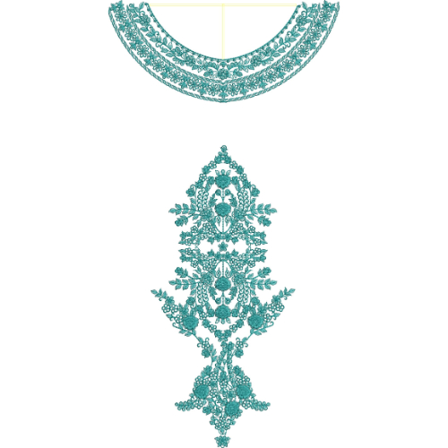 Teal Ornamental Round Neckline Embroidery with Detachable Central Floral Panel
