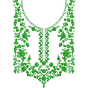 Elegant Green Floral V-Neckline Embroidery with Cascading Rose Vine Composition