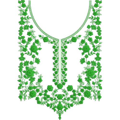 Elegant Green Floral V-Neckline Embroidery with Cascading Rose Vine Composition