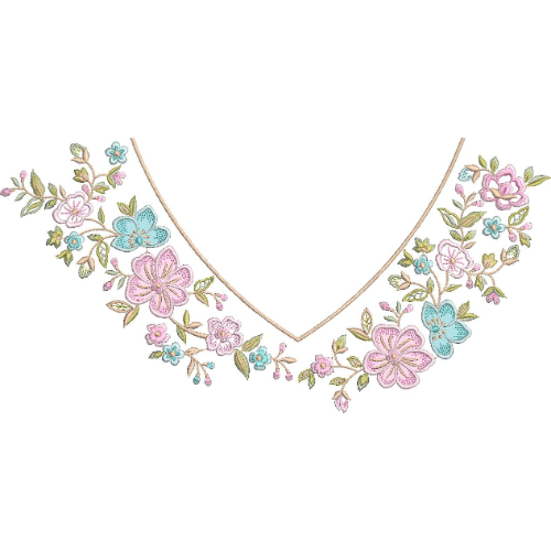 Pastel Floral V-Neckline Embroidery with Delicate Spring Blossom Arrangement