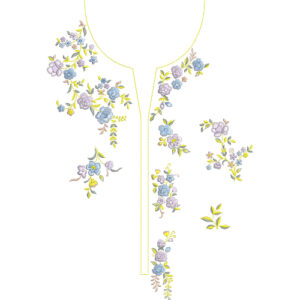 Soft Lavender and Blue Floral Split Neckline Embroidery with Scattered Botanical Motifs