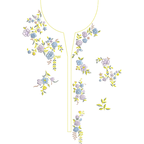 Soft Lavender and Blue Floral Split Neckline Embroidery with Scattered Botanical Motifs