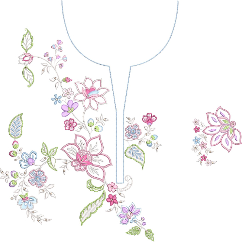 Multicolor Floral Split Neckline Embroidery with Artistic Scattered Blossom Composition