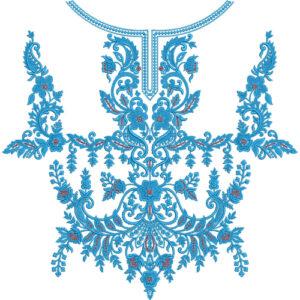 Royal Blue Baroque Floral Neckline Embroidery with Ornamental Scrollwork Composition