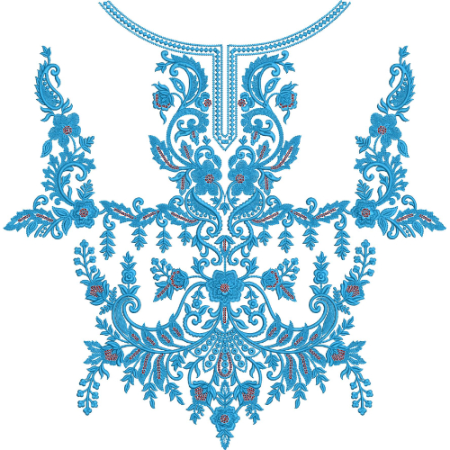 Royal Blue Baroque Floral Neckline Embroidery with Ornamental Scrollwork Composition