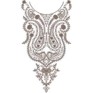Antique Taupe Paisley Neckline Embroidery with Ornamental Floral Scrollwork