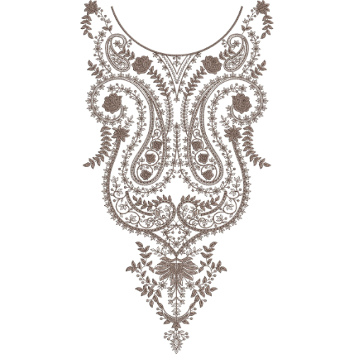 Antique Taupe Paisley Neckline Embroidery with Ornamental Floral Scrollwork