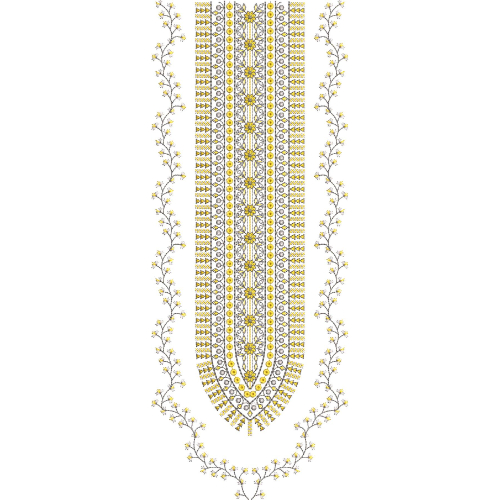 Elegant Yellow Geometric Floral Panel Neckline Embroidery with Delicate Vine Border