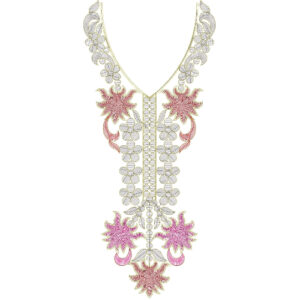 Elegant Multicolor V-Neckline Embroidery with Stylized Floral and Leaf Composition