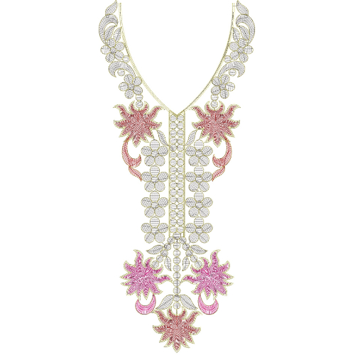 Elegant Multicolor V-Neckline Embroidery with Stylized Floral and Leaf Composition